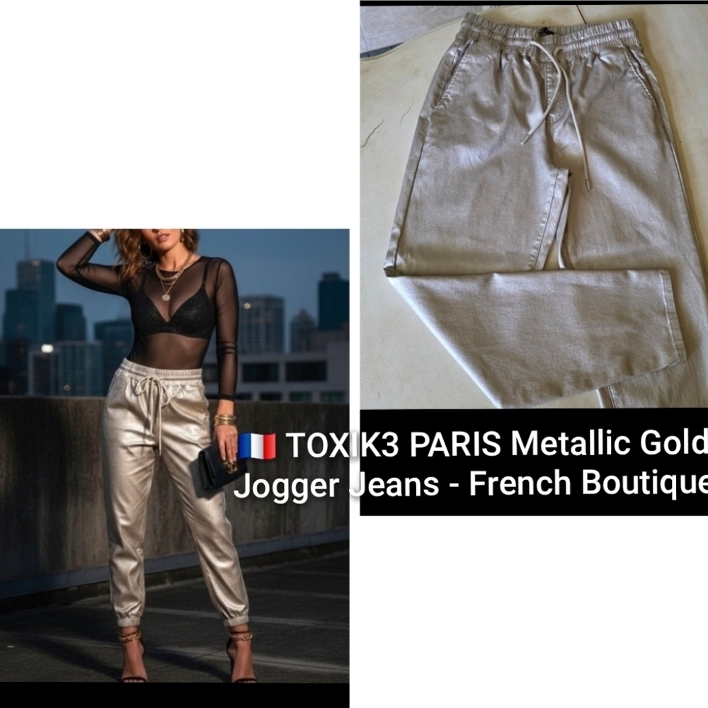 ✨ LUXE VIBES: TOXIK3 Paris Metallic Gold Joggers ✨Euro Summer. Size L
